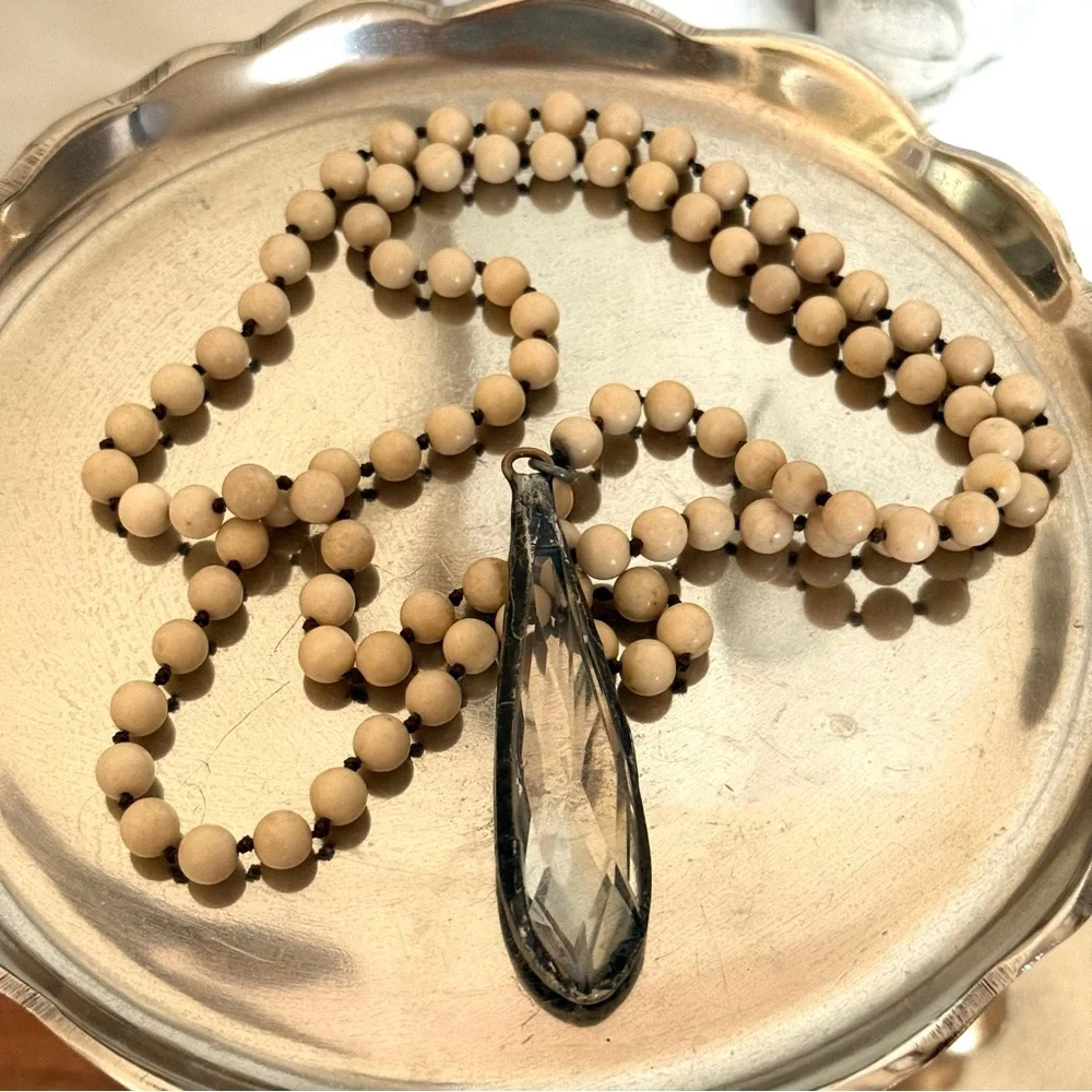 Elegant Cream Beaded Necklace with Vintage Italian Teardrop Crystal, 46” - Picture 4 of 6